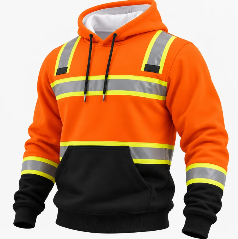 High Visibility Reflective Stripe Safety Work Hoodie Unisex Men Women Orange Black Long Sleeve Construction Pullover Sweatshirt