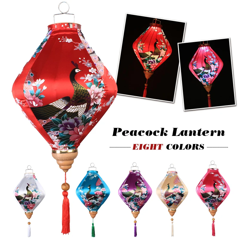 12/14Inch Traditional Chinese Style Silk Lantern Retro Peacock Pattern Hanging Lantern Vietnam Japan Spring Festival Party Decor