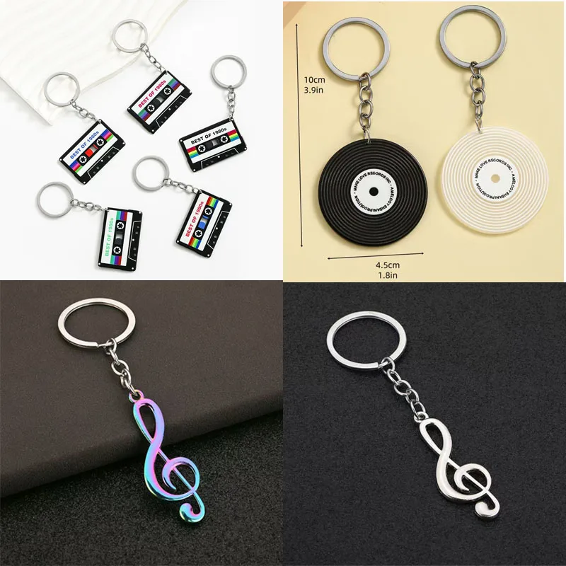 

100pcs/Lot Note Keychain Gramophone Record Keyring Tape Key Chain Disk Key Rings Music Pendant