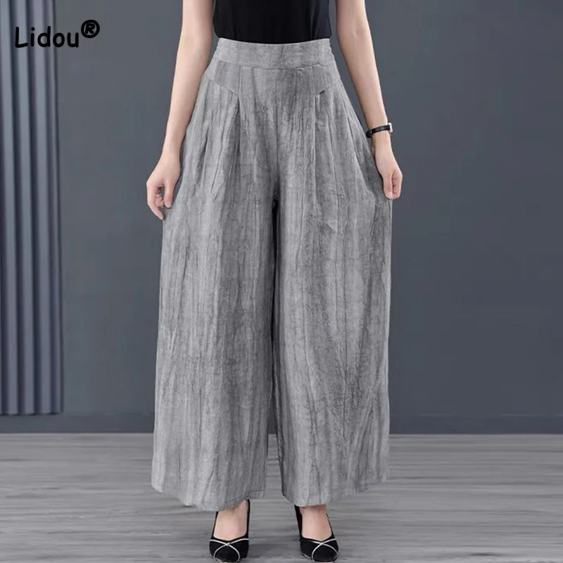 

Literature Vintage Solid Linen Wide Leg Pants Spring Summer Thin Pockets Elastic Higt Waist Folds Casual Straight Trouser Skirt