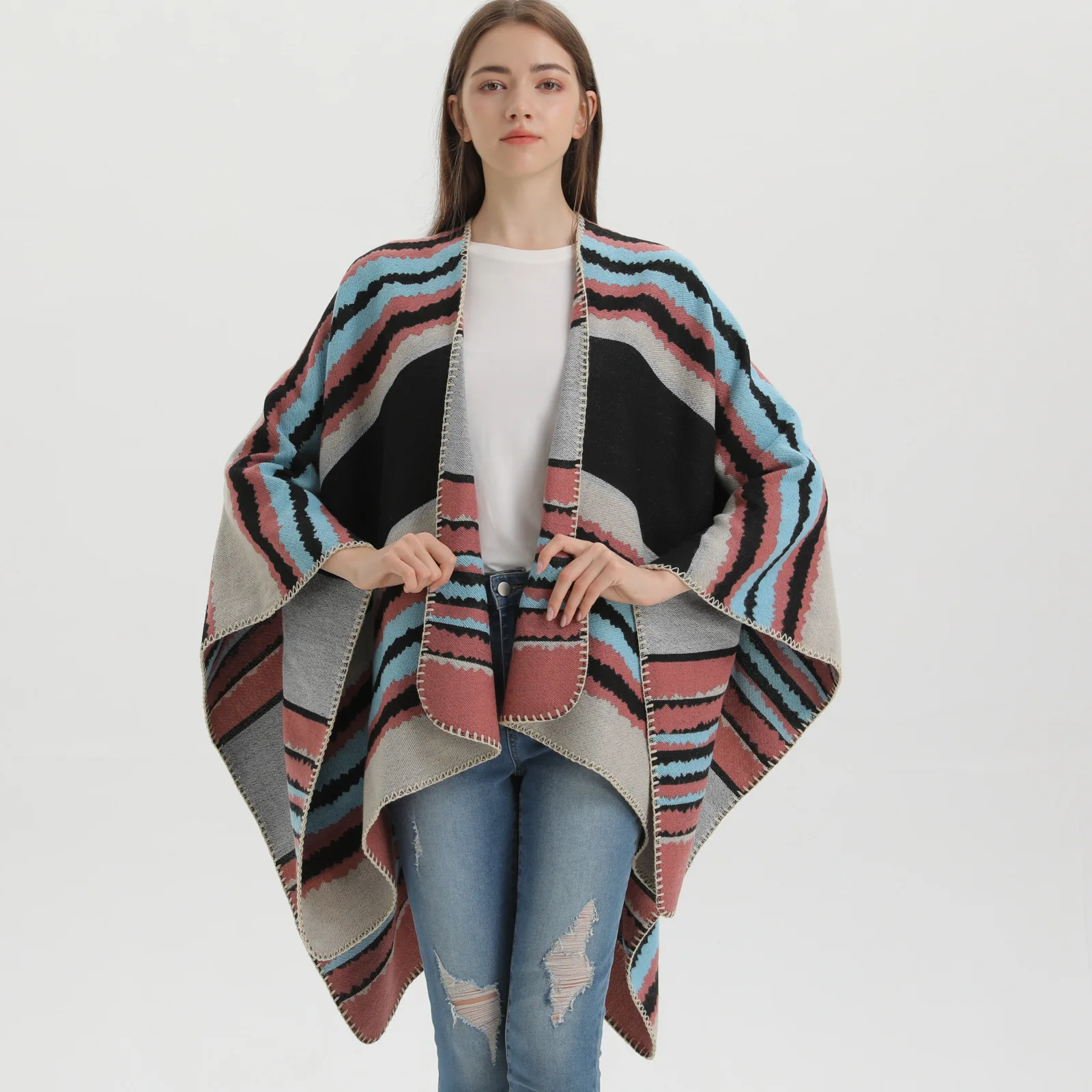 Faux Cashmere Women Printed Striped SPlit Shawl Cape Autumn Warm Double Side Bat Type Knitted Tassel Poncho Cloak Mantle