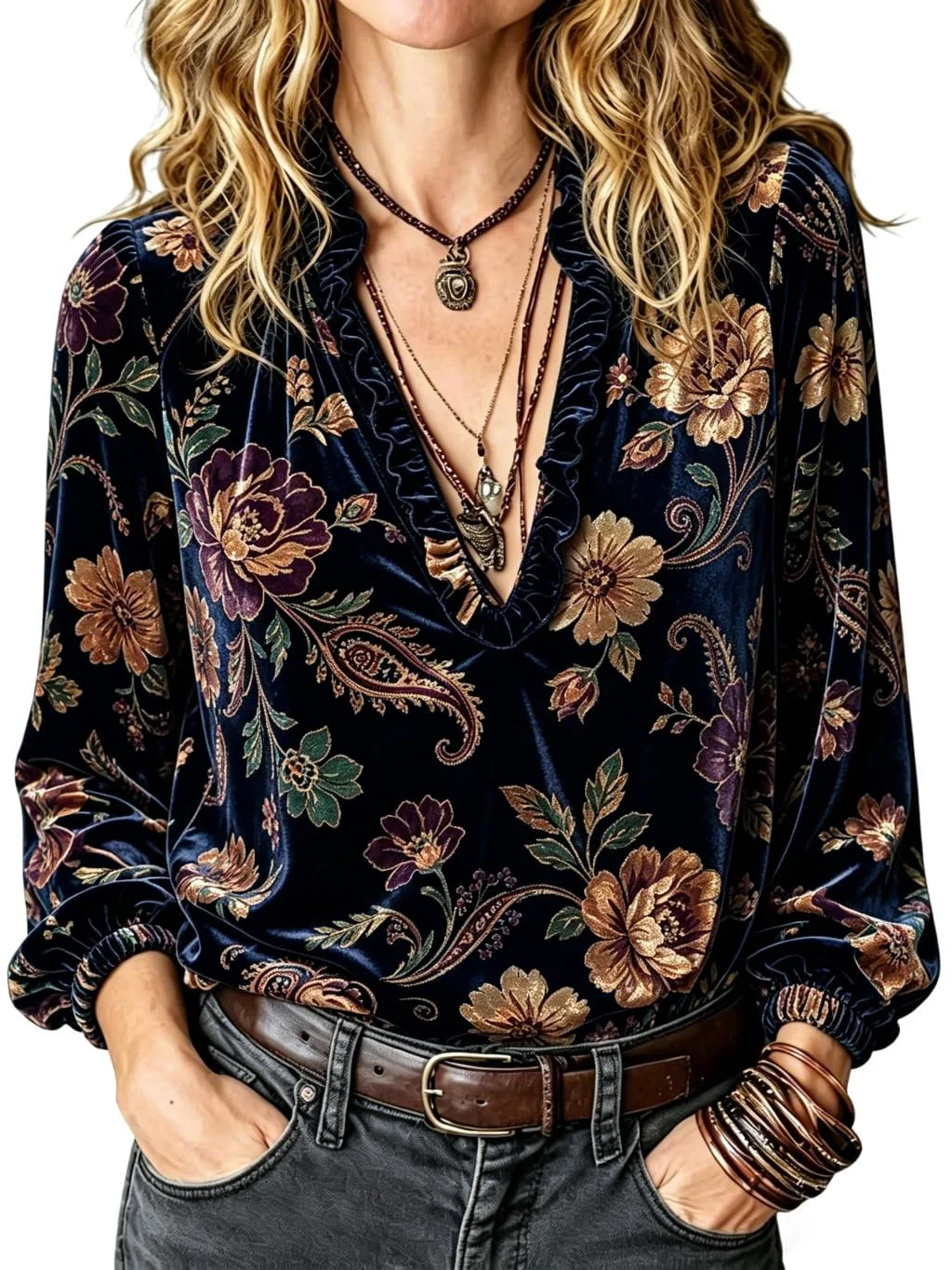 Blusa de veludo dourado com estampa vintage, gola V, manga comprida, para outono/inverno, feminina, estilo streetwear de luxo, nova, para festas.