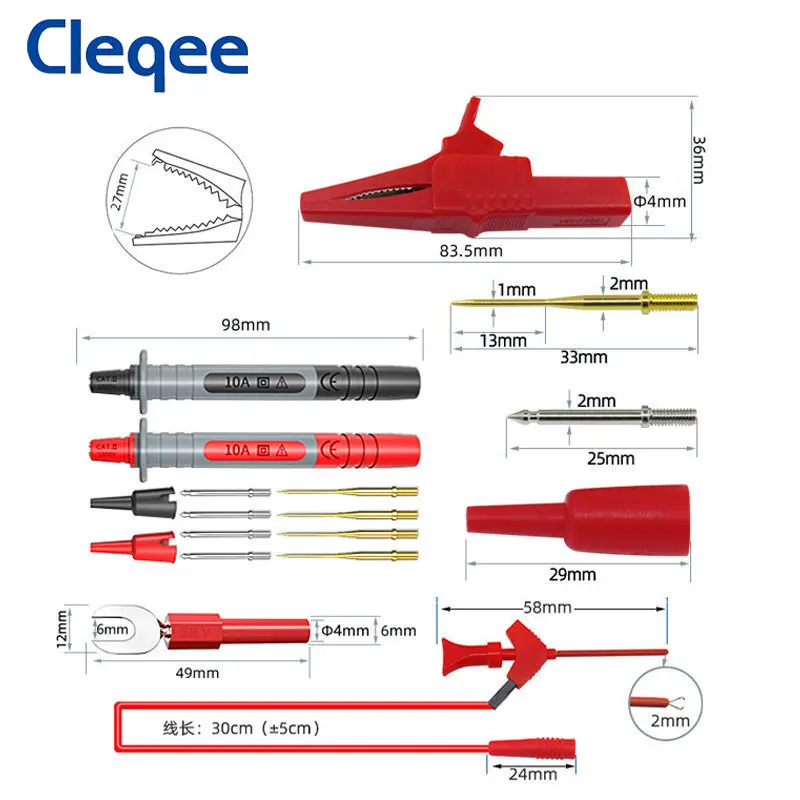 Cleqee-Kit de cables de prueba P1300C, multímetro de 18 piezas, Cable de 4mm, conector Banana, multímetro reemplazable, gancho de prueba, pinza de cocodrilo