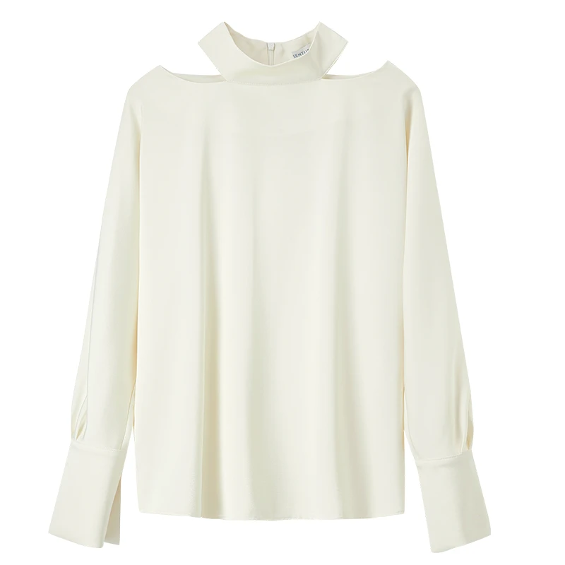SENTUBILA Women's Temperament Chiffon Shirt 2025 Autumn Commuter Neck Hollow Design Blouse Solid Semi-turtleneck Tops 141V54187X