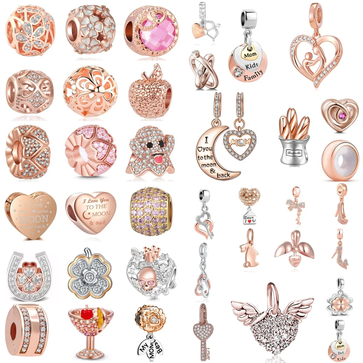 Hot selling 925 Silver Rose Gold Apple Fries Moon Heart Pendant Suitable for European Original Bracelet DIY Exquisite Jewelry