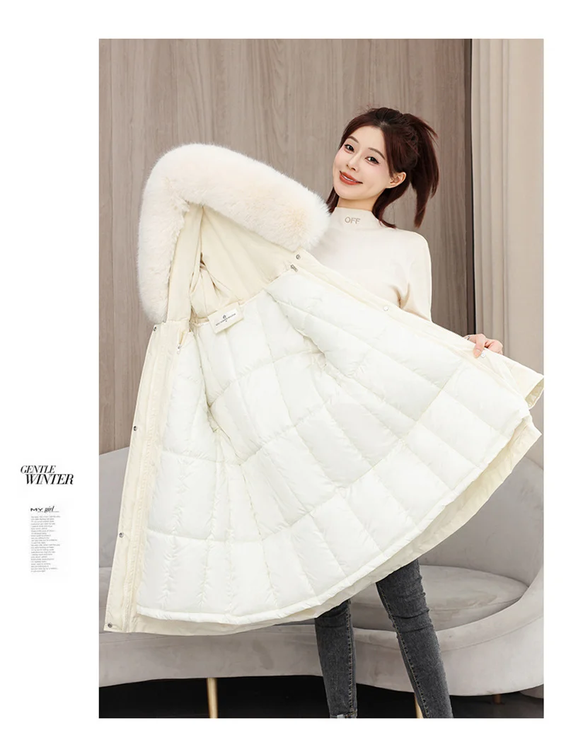 2026 New Winter Coat Down Padded Jacket Women Parkas Fur Collar Thick Hooded Cotton Coats Black Casual Outerwear Female Clothes