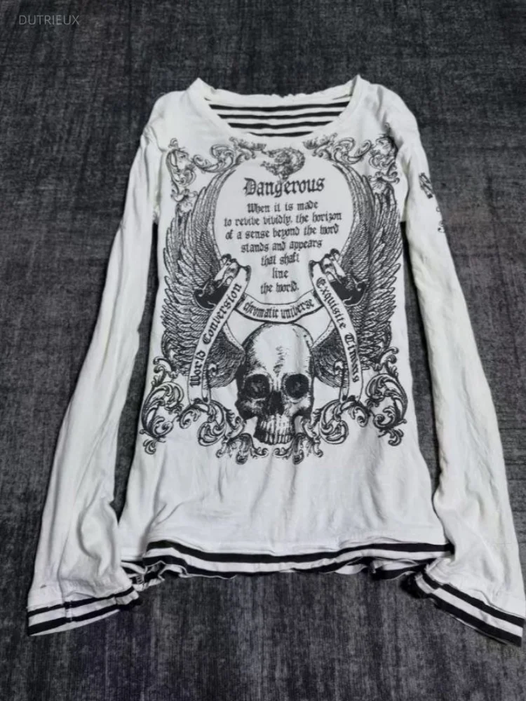 Y2k Aesthetic Fake Two Pieces T-shirt Women Streetwear Punk Skull Printing Tshirts Harajuku Grunge Vintage Stripe Patchwork Tees