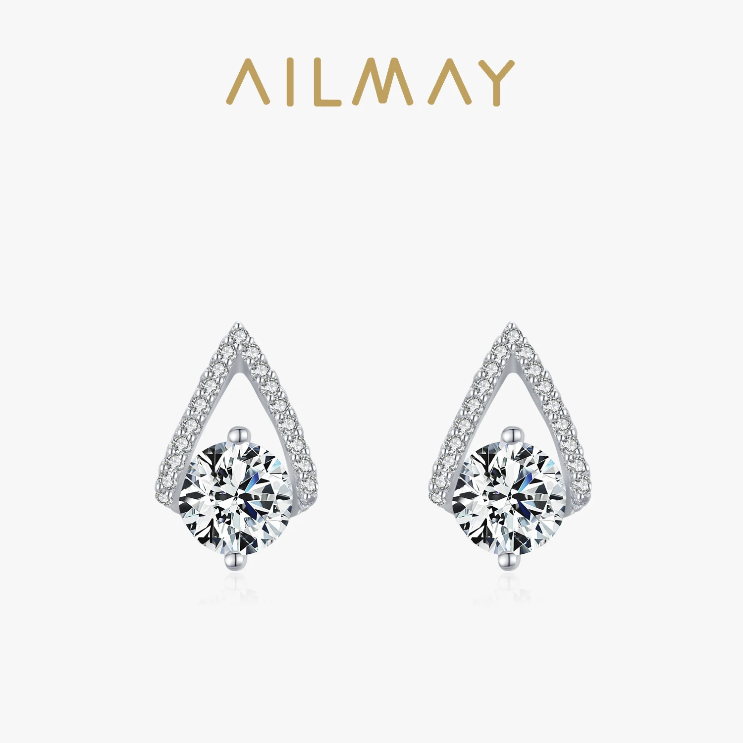 Ailmay Genuine 925 Sterling Silver Luxury Water Drop Shape Sparkling CZ Stud Earrings For Women Wedding Fine Female Jewelry