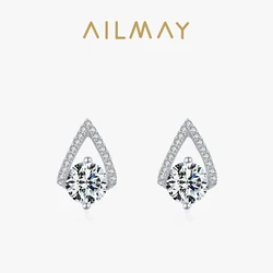 Ailmay Genuine 925 Sterling Silver Luxury Water Drop Shape Sparkling CZ Stud Earrings For Women Wedding Fine Female Jewelry