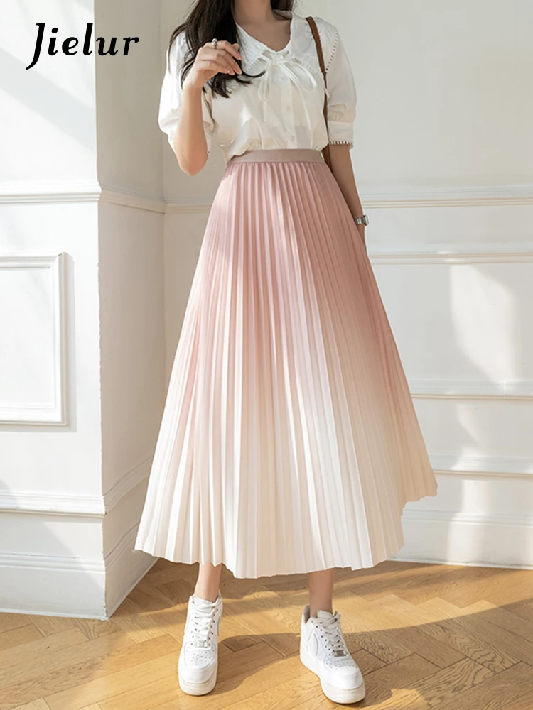 Jielur Gradient Color Skirt for Women Korean Version High Waist Thin Drape Pleated Skirt Elegant Medium Length A-Line Skirt