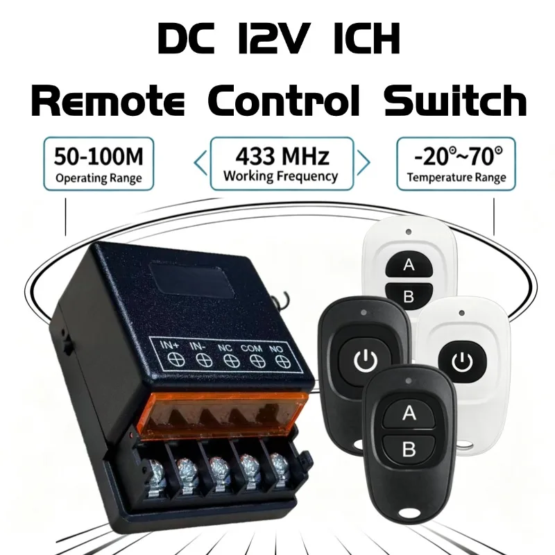 433Mhz Wireless Remote Control Switch DC 12V 30A Relay 1CH Receiver Controller and 1/2-botton RF 433 Mhz Transmitter