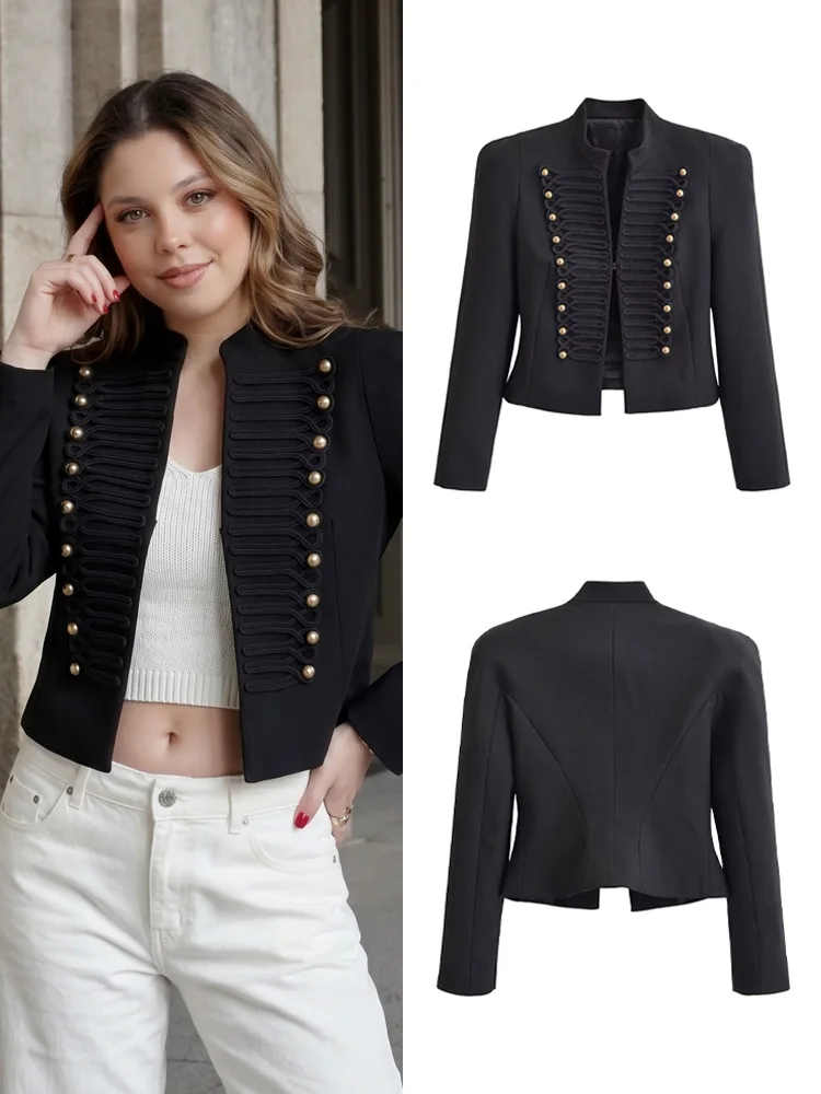 HH Women Vintage Napoleon Jacket Stand Collar Double Breasted Slim Black Cropped Outerwear Autumn Formal Commuting Office Wear