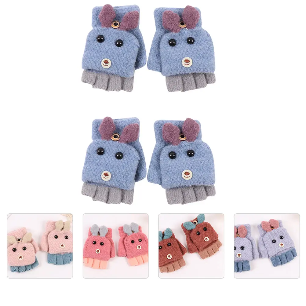 

Cartoon Puppy Gloves 2 Pairs Half Finger Toddler Girls Warm Knitted Cover Kids Gloves Eco Friendly Woolen Yarn Soft Lightweight