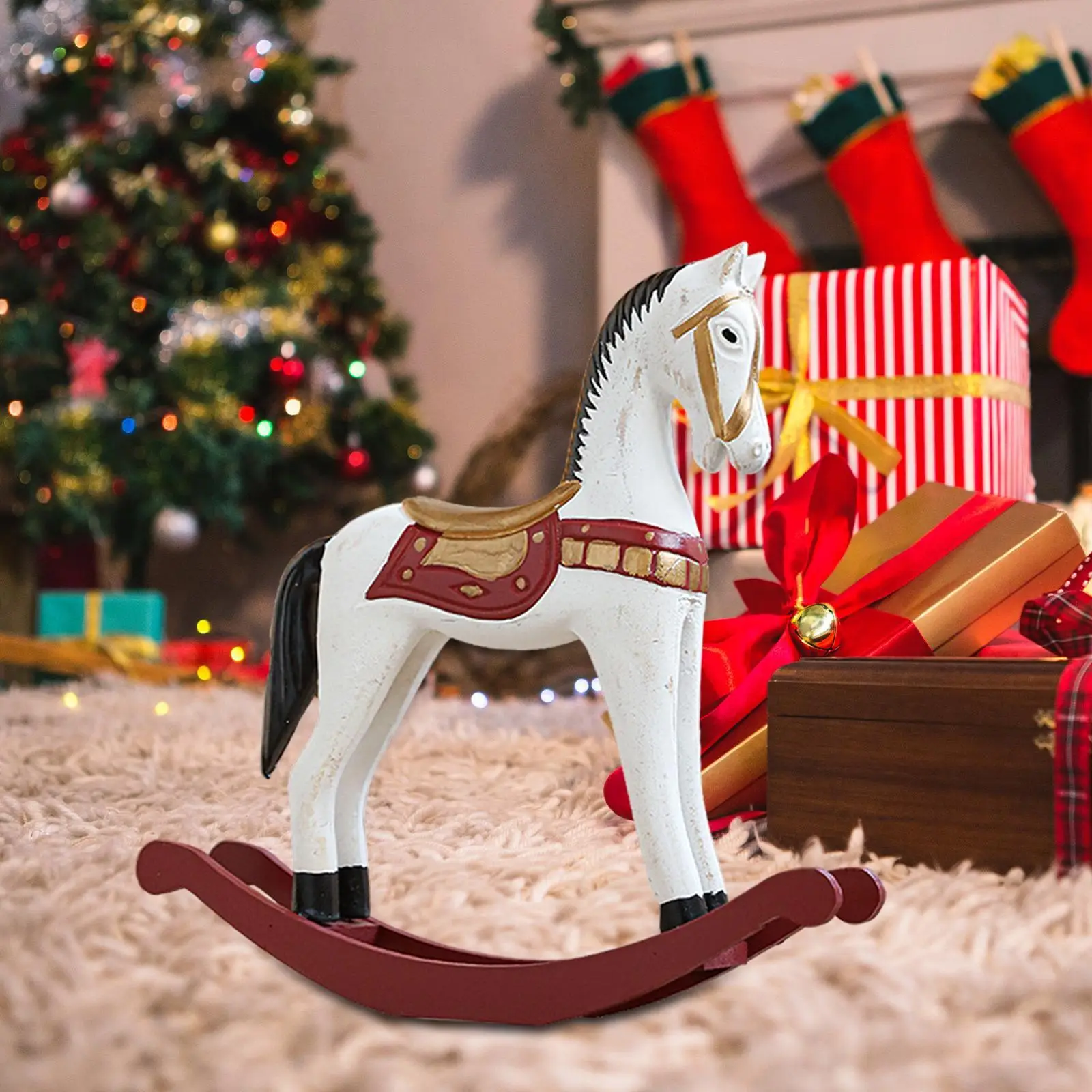 

Christmas Rocking Horse Statue Gift Cute Artwork Creative Wooden Craft Ornament for Indoor Bookshelf Home Cabinet Living Room