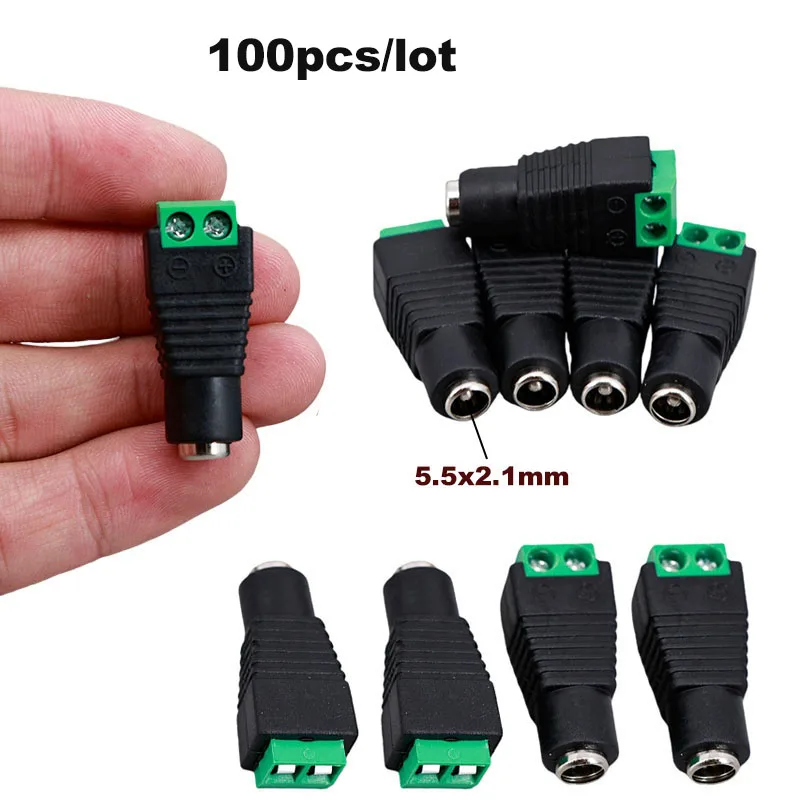 100pcs 5.5mmx2.1mm DC Female plug Connector power supply jack adapter BNC for CCTV camera LED strip lamp lighting light J17