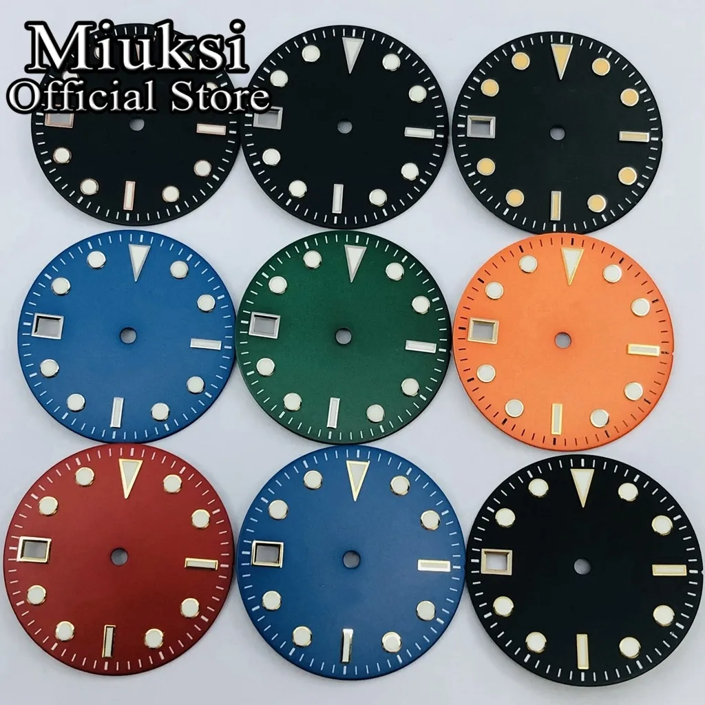 Miuksi 29mm black green blue red orange watch dial luminous 9 o\'clock date fit NH35 movement