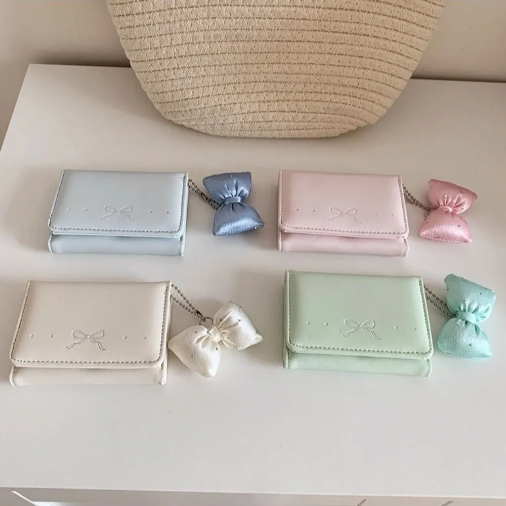 Cute Foldable Pendant Bow Wallet Multi-functional Solid Color Short Wallet Korean Style PU Leather Coin Purse Girls