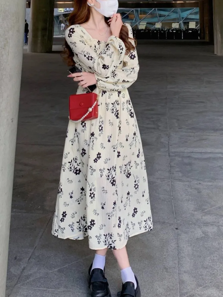 Ele Bloemenprint Chiffon Lange Sve Dr Dames Lente Herfst Nieuwe Sle Klein Maat Taille Cinching Afslanken Lange Dr