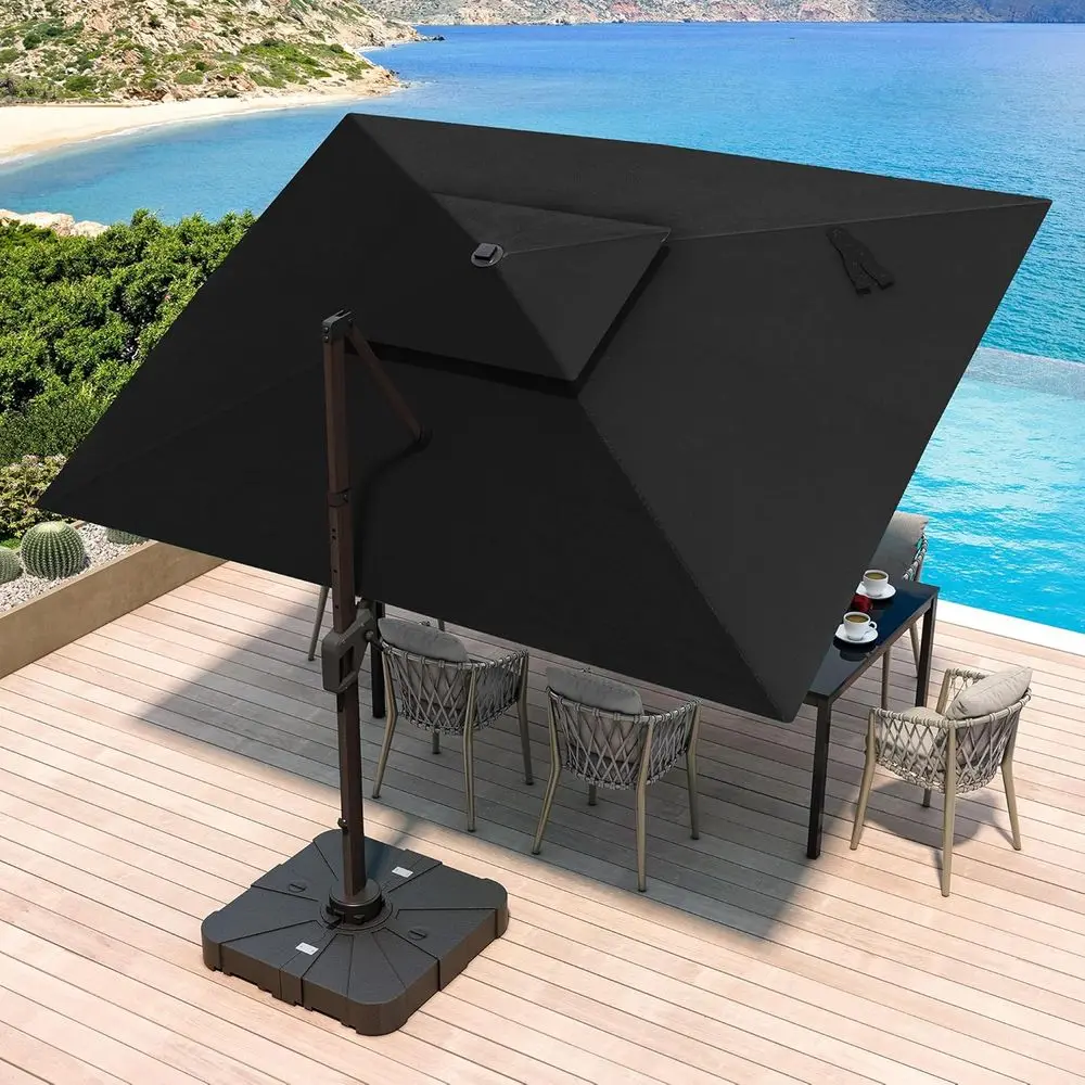 

Большой уличный консольный зонт с двойным верхом и углом 360° ° Вращение и основание, сверхмощное для патио, сада, черный