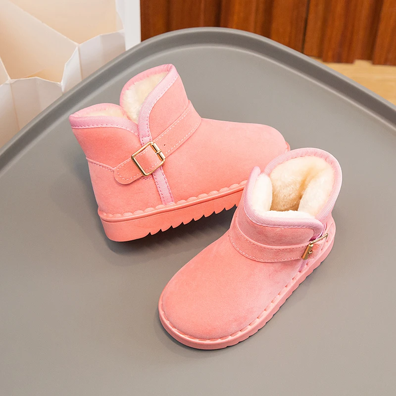 Children Snow Boots Buckle Fashion Thick Fur Solid Color Kids Short Boot Ankle-high Flexiable Leisure Warm Boys Girls Shoe 23-36