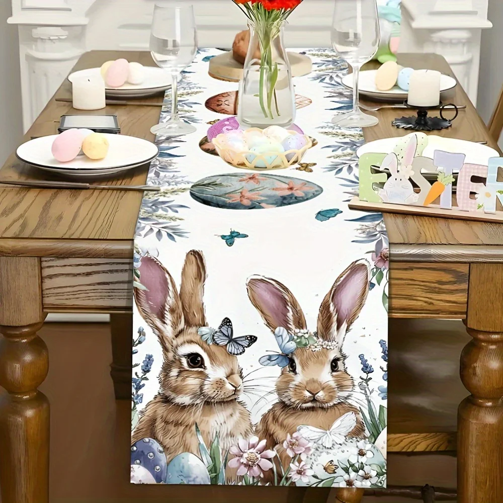 1 Stück Oster-Aquarell-Hasen-Tischläufer im Waldstil, niedlicher Hase mit Ei, Tischdekoration, Stoff, europäische und amerikanische Frühlingsparty-Szenen-Dekoration, lange Tischdecke
