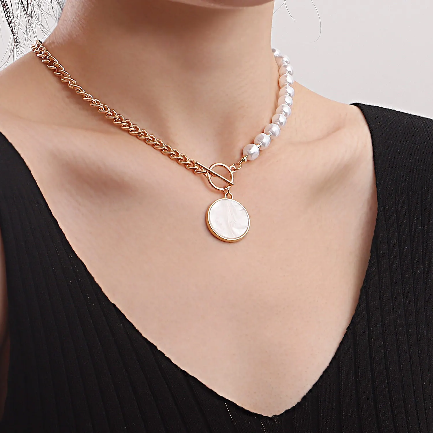 Design Stitching Chain Imitation Pearl Beads Pendant Necklace Female Choker Collar Jewelry for Women