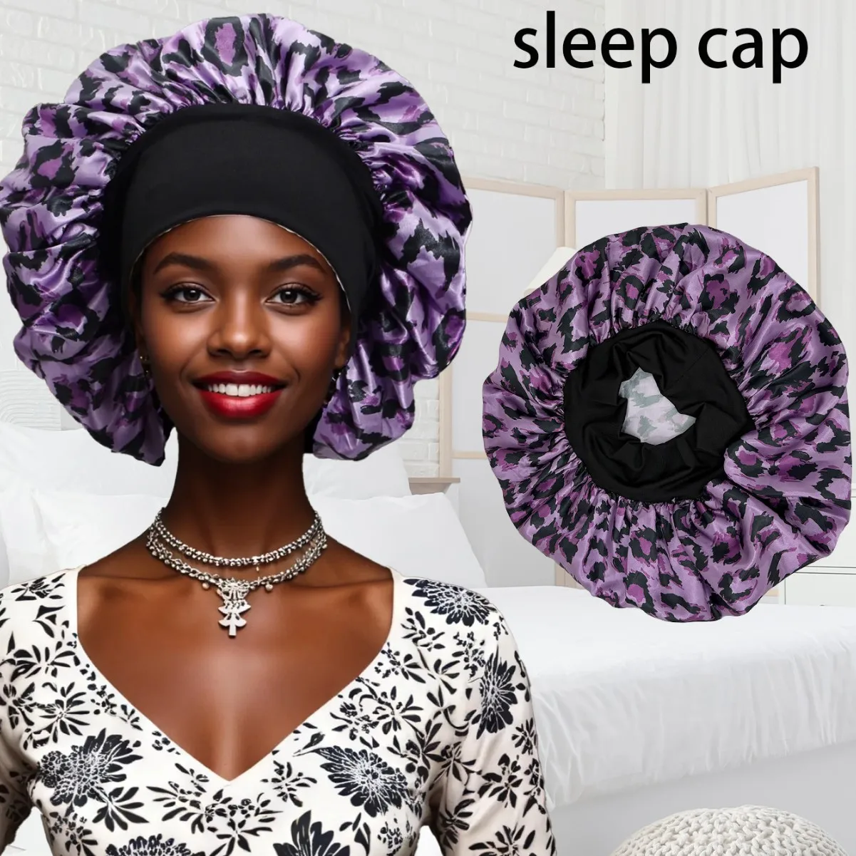 Hot-selling Elastic Simulation Silk Round Hat, Hair Care Cap, European and American Printed Satin Nightcap, Sun Protection Visor