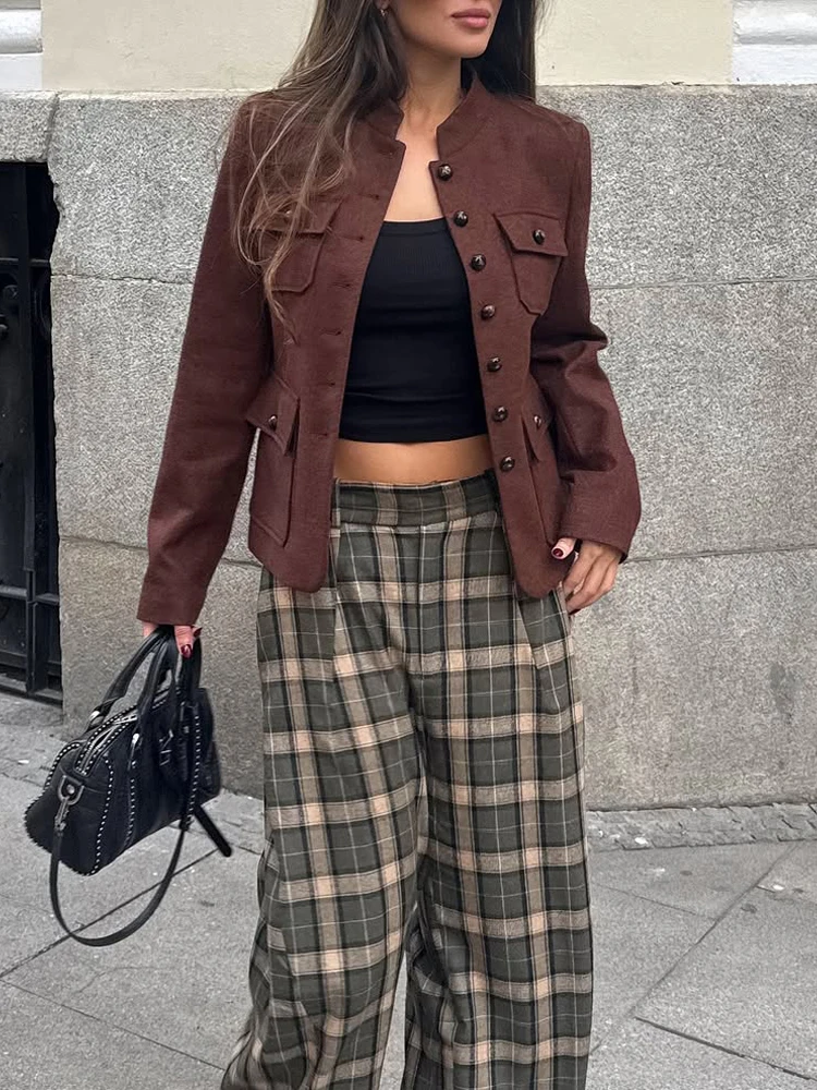 Womens Brown Short Jacket Fashion Stand Collar Single Breasted Multi-pocket Coat 2026 New Lady Chic Daily Street Outwear