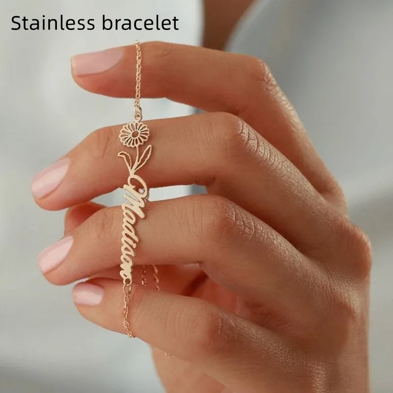 

Stainless Steel Custom Birth Month Flower Name Bracelet Pendant Personalized Nameplate Bracelets Women Christmas Gifts