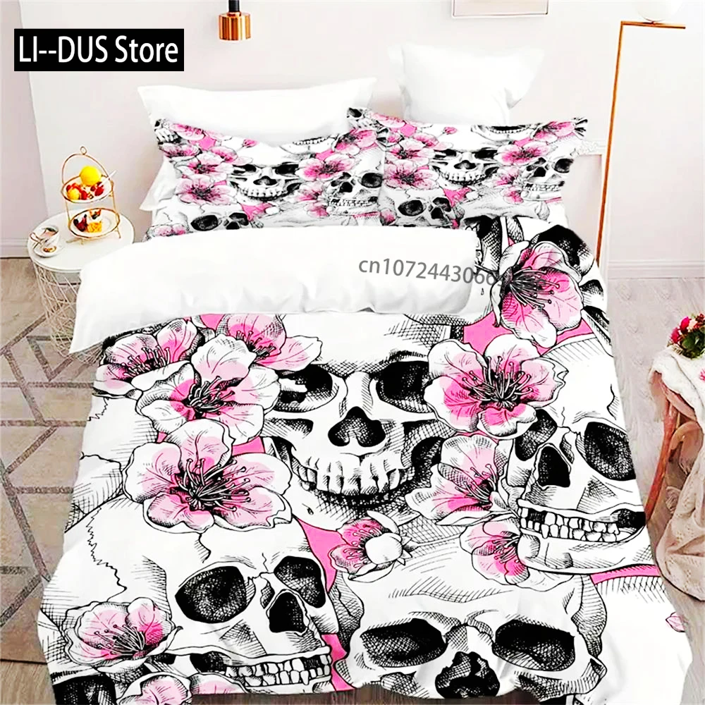 

Pink Floral Skull Print Duvet Cover Set - Includes 1 Duvet Covers Set And 2 Pillowcases, Zip Closure, Perfect For Bedroom