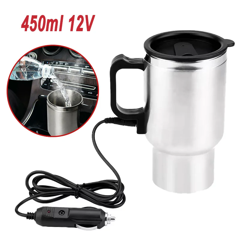 12V 450ml Stainless Steel Vehicle Heating Cup Electric Heating Car Kettle Camping Travel Kettle Water Coffee Milk Thermal Mug