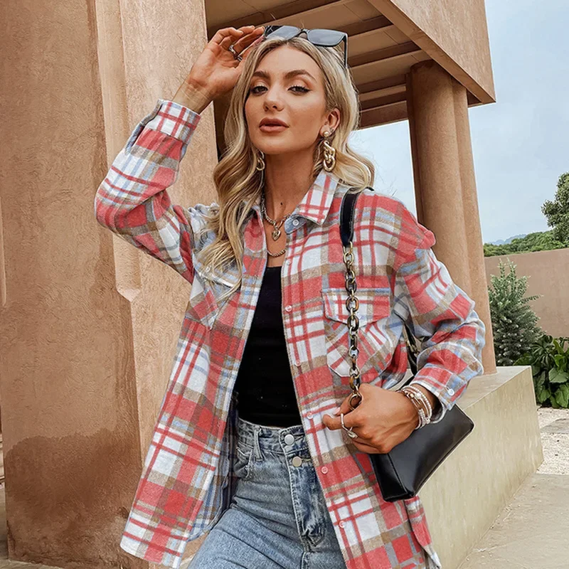 Elegant Office blue plaid shirt women  Spring Autumn Casual lapel long sleeve female shirts coat Fashion high street top jacket