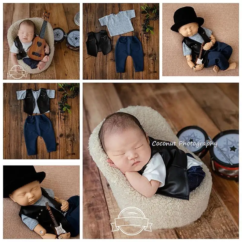 Handsome rock suit leather jacket Harlan pants clothes newborn photography props baby photo studio