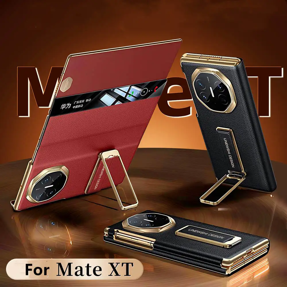 Premium Natural Cowhide Leather Double Hinge Flip Case For Huawei Mate XT XTs Window View Cover