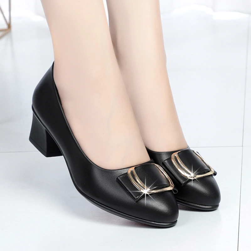 Women Cute  Pu Leather High Quality Party Medium Square Heel Shoes Lady Cool Fashion Sexy Heels