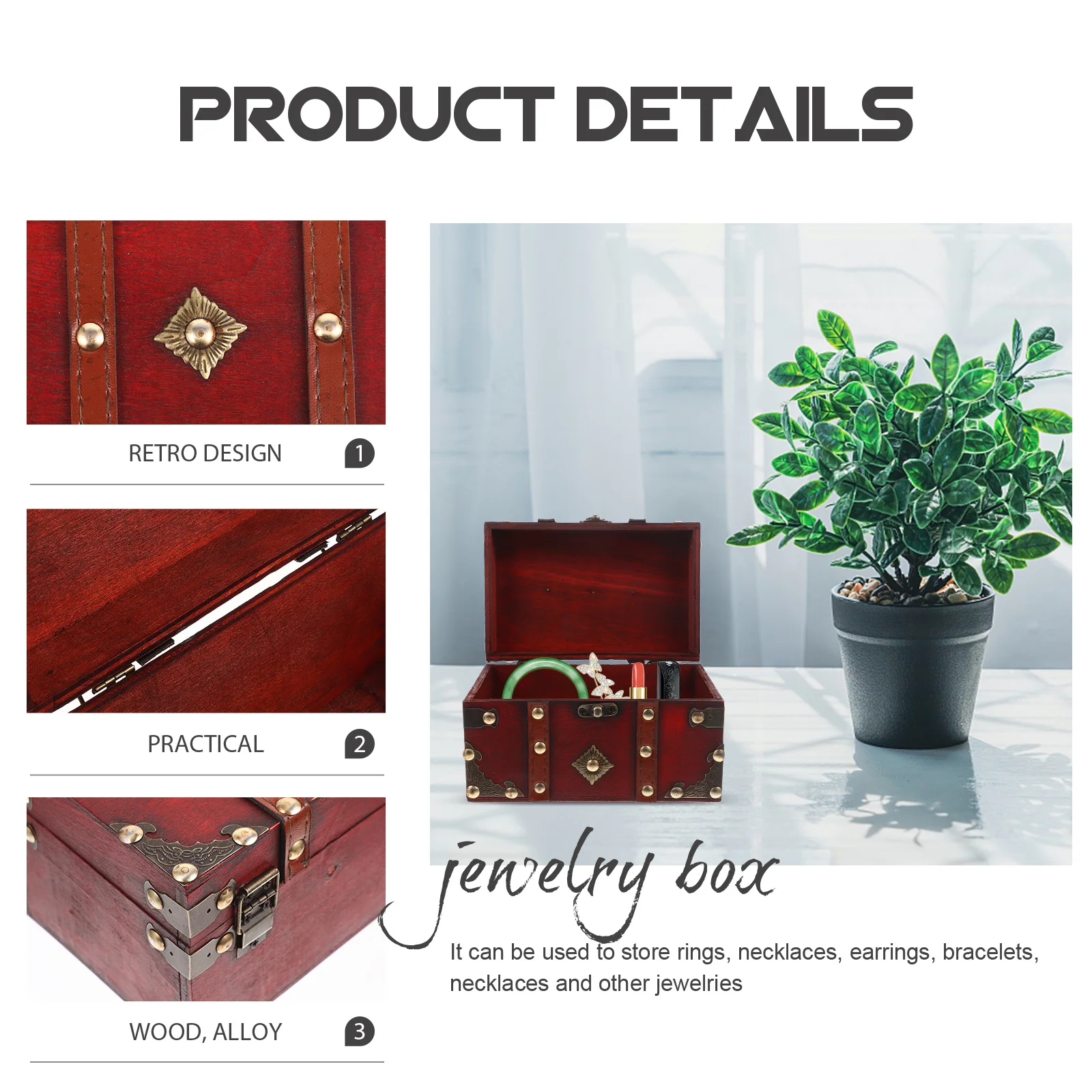 

Vintage Wooden Jewelry Storage Box Lock Organizer Necklaces Earrings Bracelets Retro Case Dustproof Protection Gift
