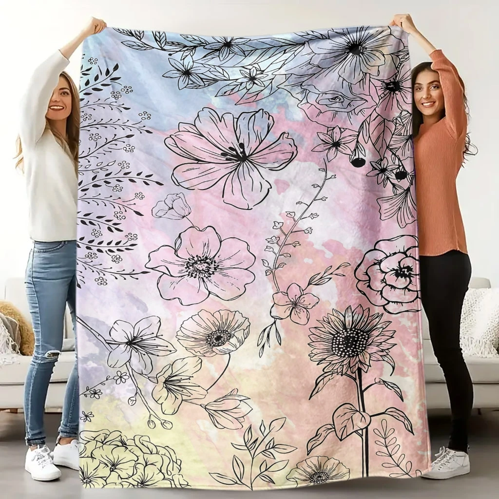 Line Drawing Sunflower Floral Gradient Pastel Watercolor Flannel Throw Blanket, Soft Warm Sofa Cover, Floral Gift For Bedroom