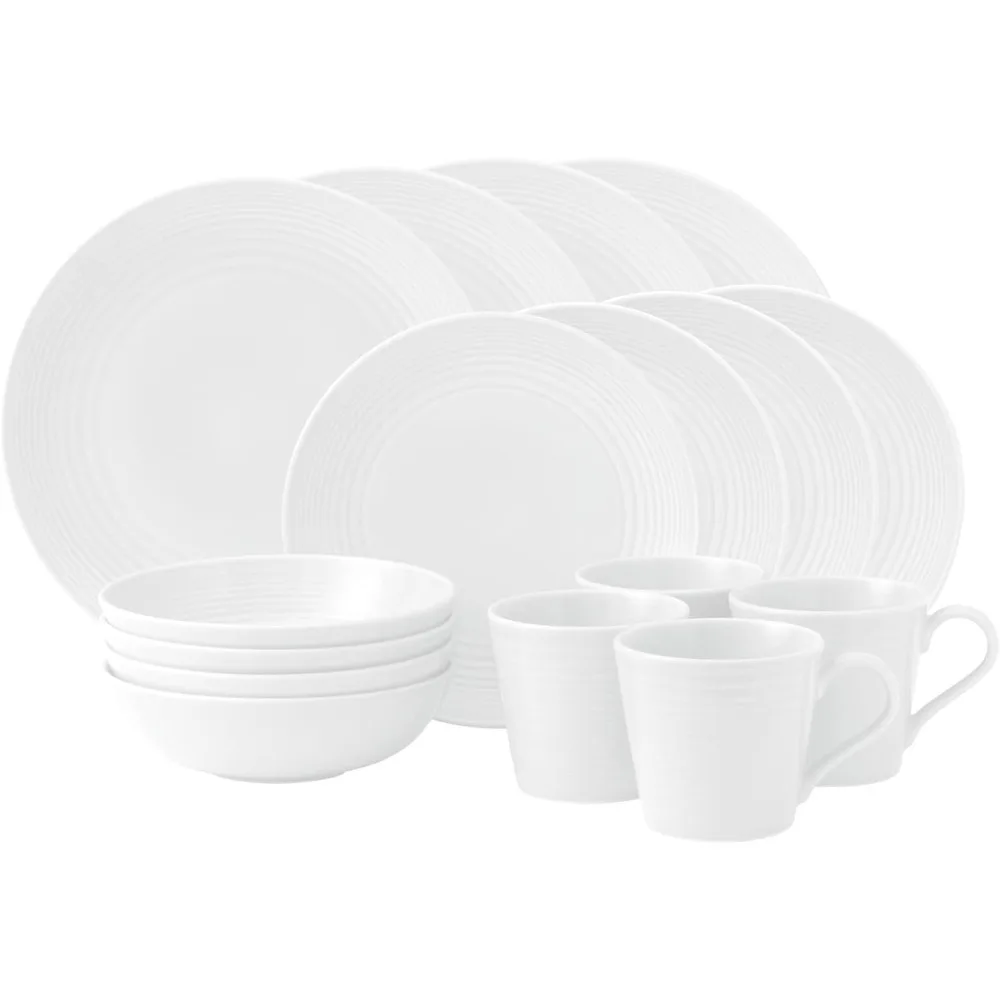 White 16-piece tableware set, 4 dinner plates, salad plates, all-purpose bowls and mugs, handcrafted with stoneware