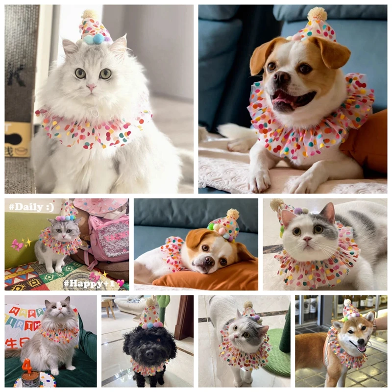 Pet Dog Birthday Party Dog Hat Candy Color Dot Lace Cat Bib Suit Cute Small Medium Dogs Costume Cap Pet Products Accessories