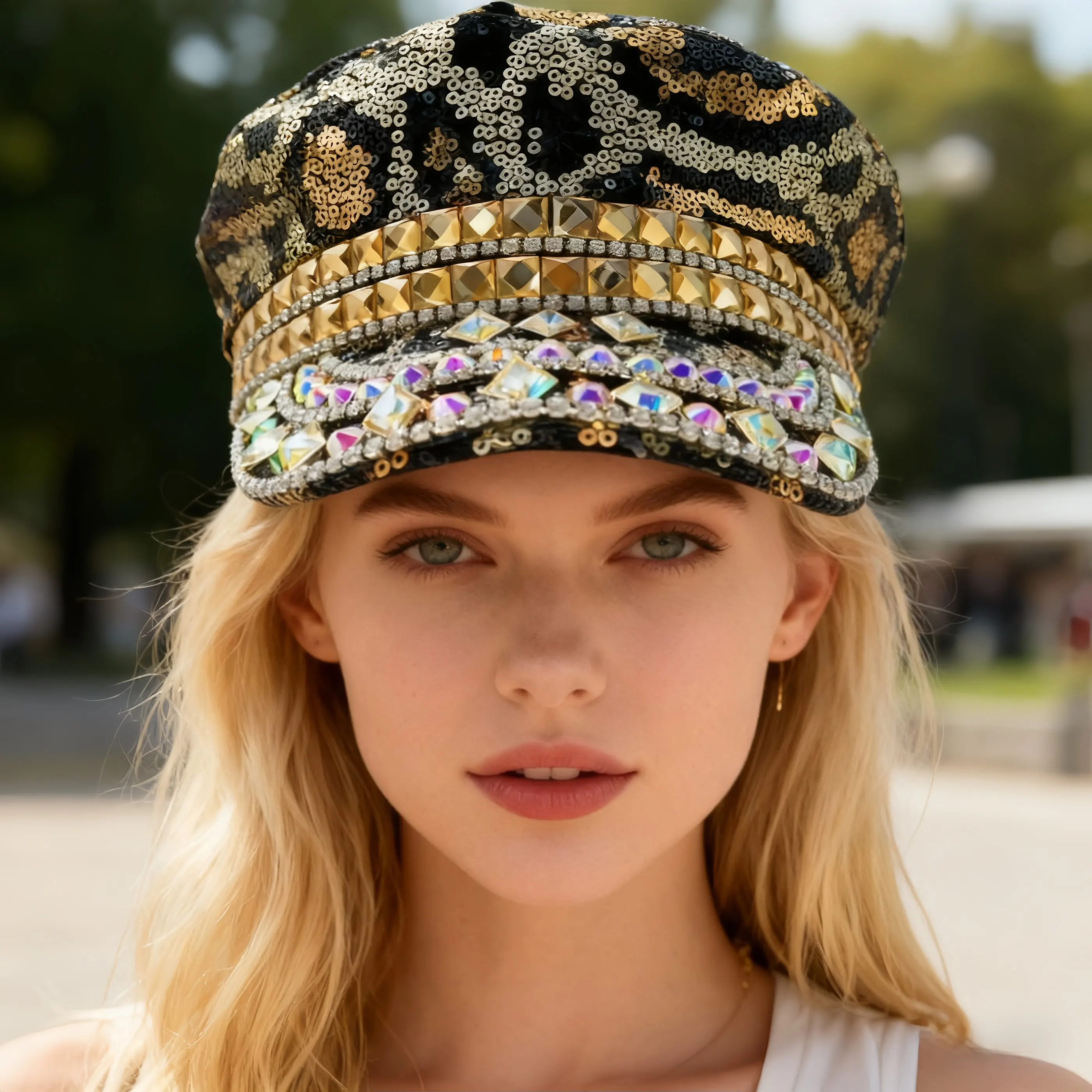 HongLuan Steampunk Captain Hat Rhinestone for Burning Man Festival Woman, Vintage Military Accessories & Military Cap Man