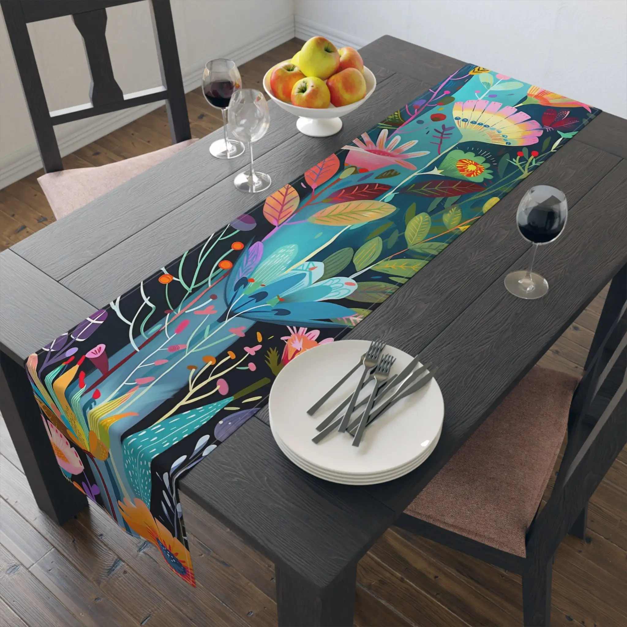 Colorful Boho Floral Botanical Table Runner, Vibrant Flower Garden Kitchen Dining Room Table Scarf Everyday Celebration Decor