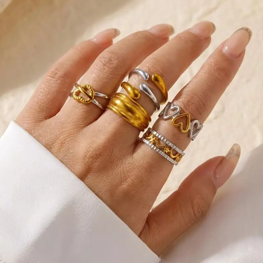 7Pcs Sculptural Abstract Floral Heart Ring Set for Women Stainless Steel Dual Tone Stacked Chunky Everyday Minimalist Jewelry