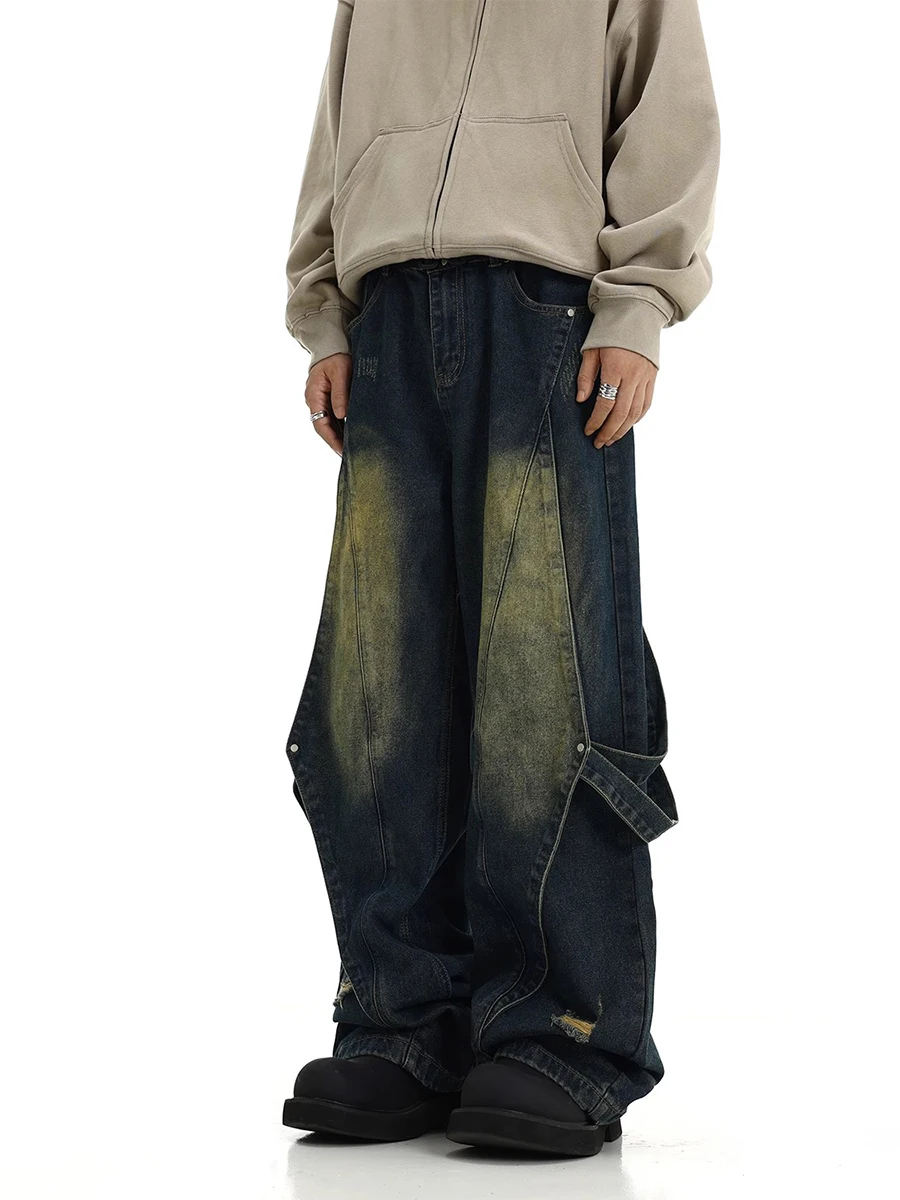 REDDACHiC 90s Retro Green Wash Patchwork Baggy Jeans Men Y2k Deconstructed Belt Destroyed Low Rise Big Size Casual Wide Pants