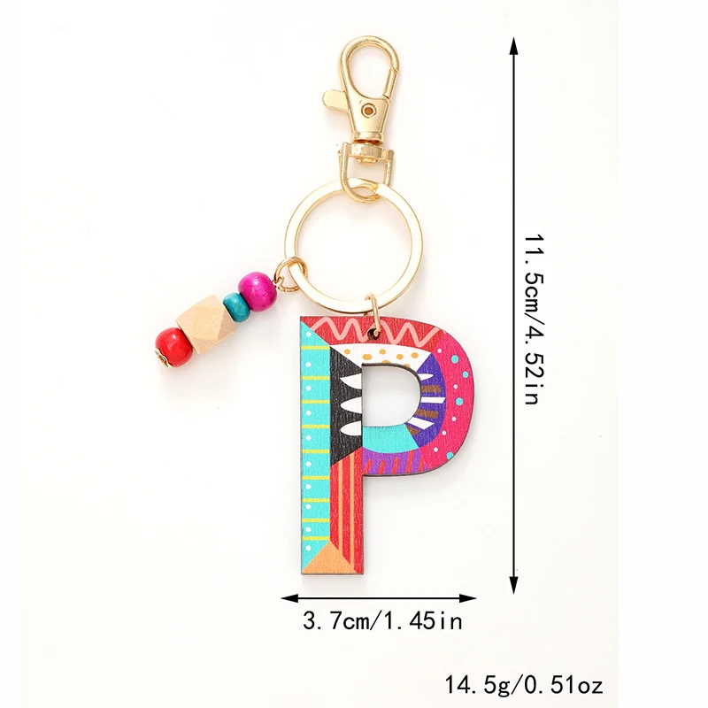 A-Z 26 Letters Wooden Trinket Key Chains Bohemian Geometric Totem Bead Pendant Keychain Jewelry Gifts to Family Couple Friends