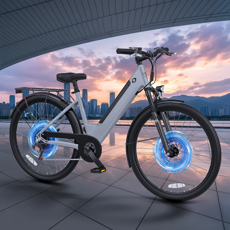 QNUT EC150 26" Electric Bike for Adults, 350W Motor 48V 10.4Ah Battery City Ebike 20MPH 65 Miles, 7-Speed Electric Bicycle with Front Suspension
