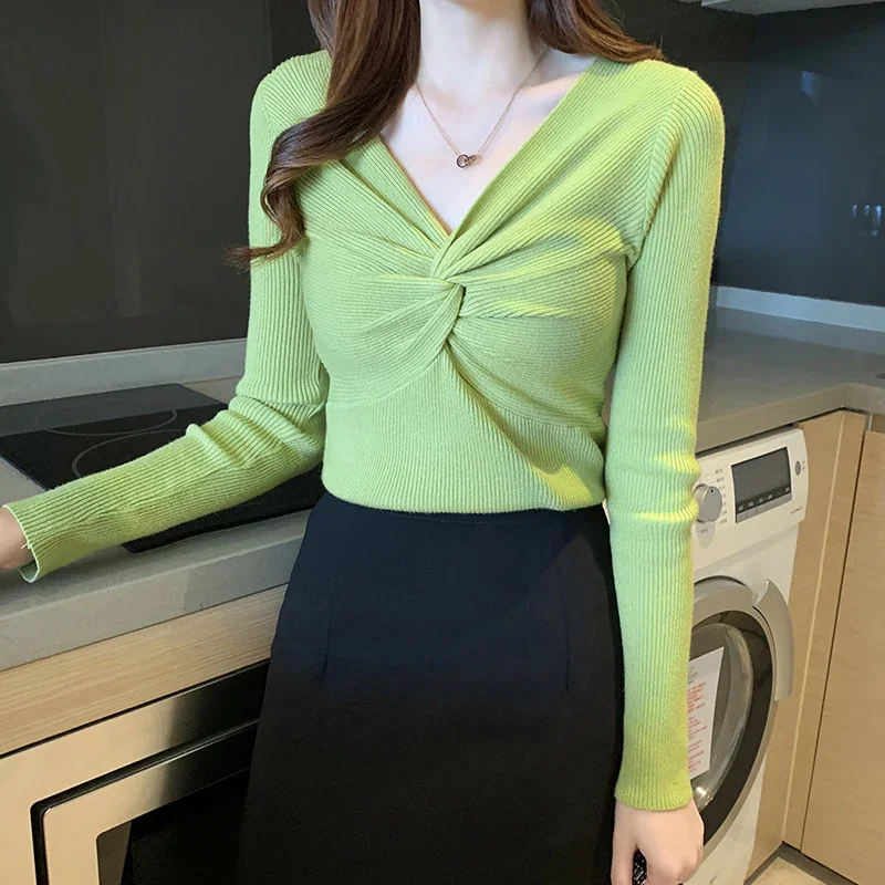 Sexy V Neck Women Sweater Fashion Long Sleeve Knitted Pullover Jumper Slim Autumn Elastic Soft Female Knotted Basic Top