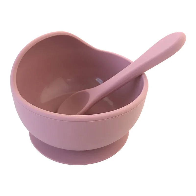 Silicone Baby Feeding Bowl and Spoon Set Heat-Insulation Resistant to High and Low Temperatures with Suction Feature