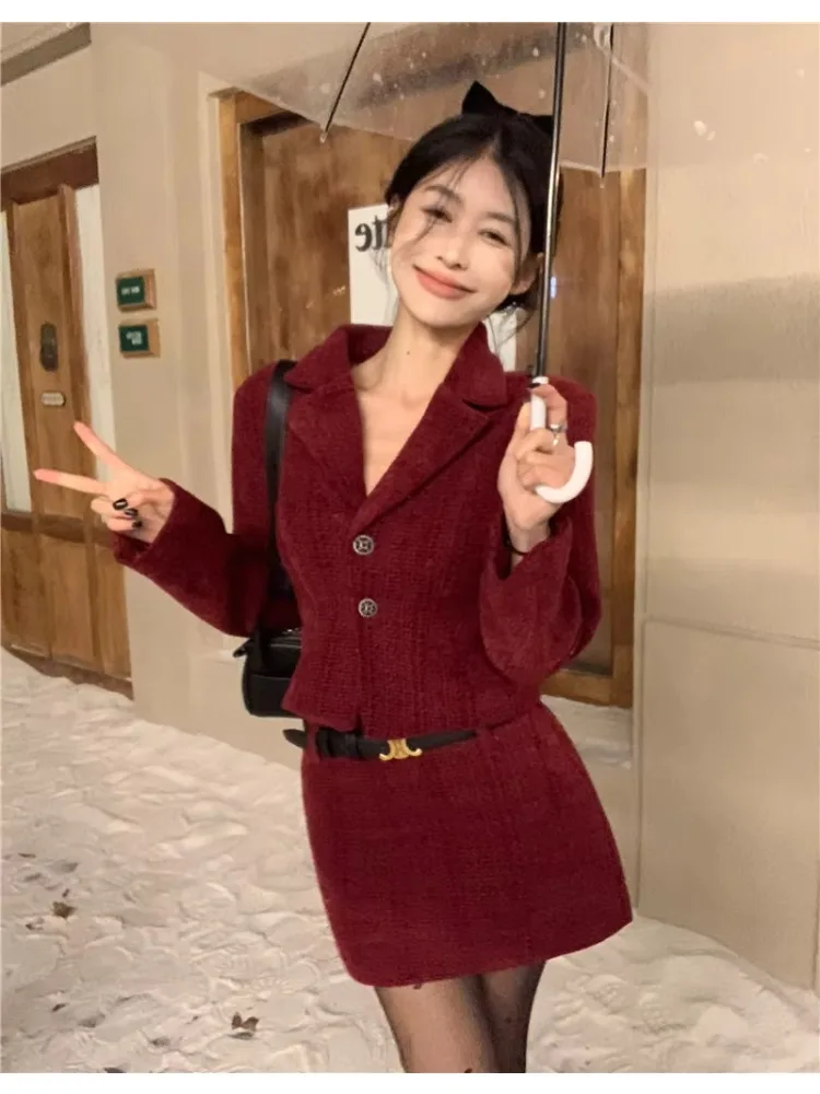 

Insozkdg Quilted Red Blazer Top Skirt Suits Chic Style Winter Pencil Skirt Women Two-Piece Sets Fashion High Quality Female Set