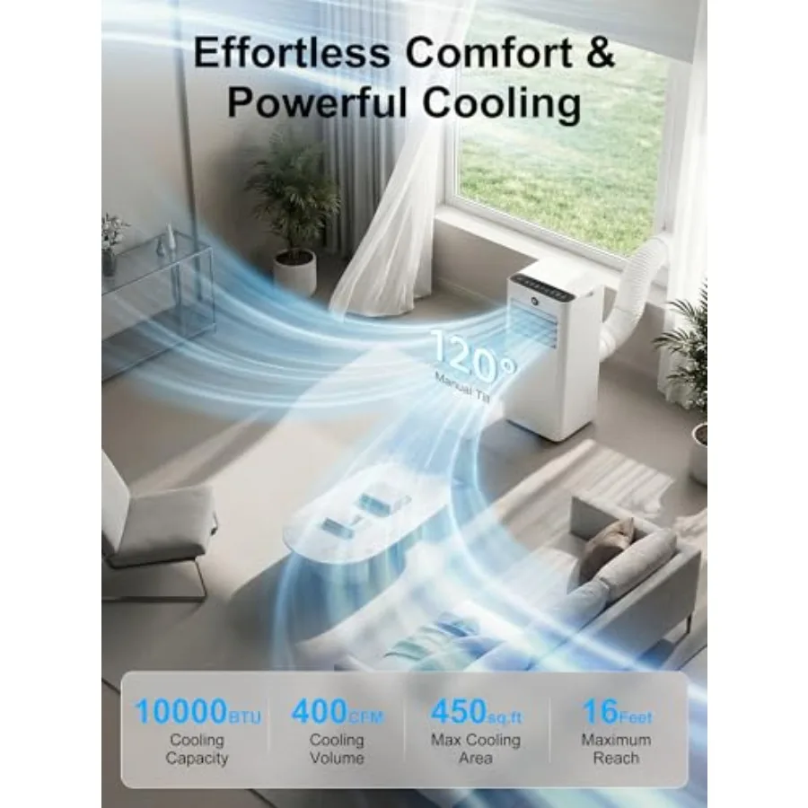 Portable AC unit for bedroom: 10000BTU cooling, self-evaporation system, dehumidifier, sleep mode, 24H timer, cools up to 450 s