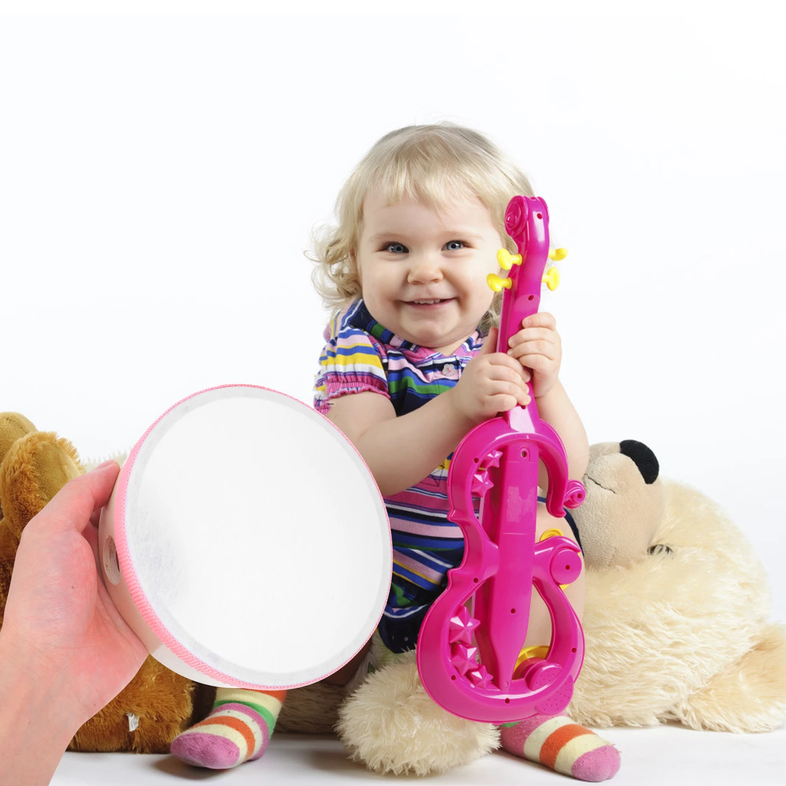 Drewniany bębenek ręczny różowy zabawka dla dzieci instrument muzyczny tamburyn ręczny perkusja zabawki dla niemowląt i małych dzieci gra muzyczna